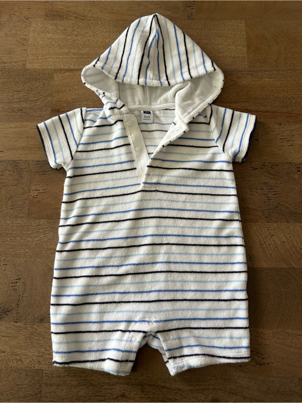 Janie and Jack White Hooded Terry Romper with Blue & Navy Stripes